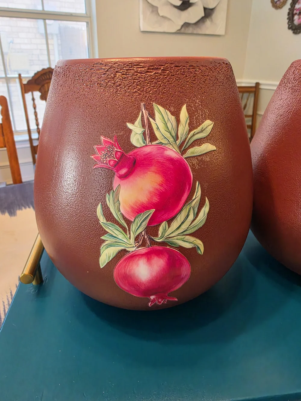 Pair of ceramic pomegranate decorative jars/vases Reddish-brown finish